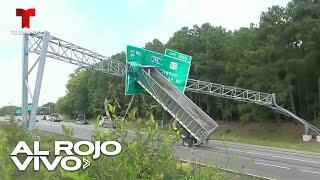 Estructura de camión choca contra señal elevada de tránsito en una autopista en Virginia