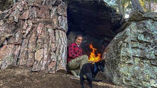 Building Survival Shelter UNDER STONE in Wildlife -  Tree Bark Roof, Campfire, Overnight, Dıy