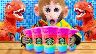 Monkey Bi Bon review rainbow milk with dinosaur so cute  - Funny animal video