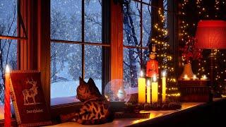 Cozy Christmas Window with Crackling Fireplace and Snowfall sound - Relaxing Christmas Ambience