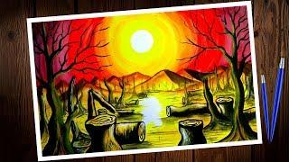 Deforestation painting. Don't cut trees. Save tree/forest scenery/landscape painting.
