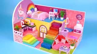 Cute Idea Reuse Cardboard DIY Miniature Unicorn Fun House with Rainbow Bed & Stairs, Living Room