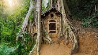 Building a Warm and Cozy Bushcraft Shelter inside an Ancient Tree for Survival in the Rainforest