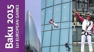 Mountaineer abseils down Flame Towers with Baku 2015 Flame | Baku 2015