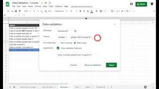 Restrict cell input to numbers only: Data Validation: Google Sheets