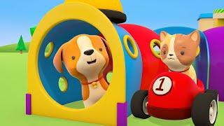 Helper Cars play on a playground! Learn colors with racing cars for kids. Car cartoons for toddlers.