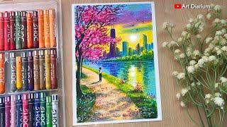 City Lake Morning Scenery Drawing with Oil Pastels for Beginners #cityscapepainting