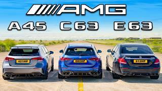 New AMG C63 v E63 v A45: DRAG RACE