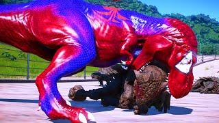 Tyrannosaurus Rex vs Spiderman Pro 8 Superhero Team l Winter Battle Royale Jurassic World Evolution