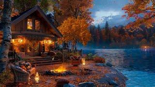 Cozy Fall Evening by the Lake Smooth Jazz Music, Warm Firepit & Serene Nature for Relaxation, Study