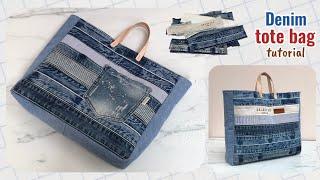 Sewing diy denim tote bag from hem jeans, tote bag diy , denim tote bag from scrap old jeans