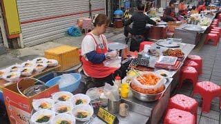 45세 사장님이 가장 젊은? 평균나이 75세 먹자골목! 3천원 비빔당면과 4천원에 충무김밥, 오징어무침,어묵,겉절이,깍두기까지| Noodles - Korean street food