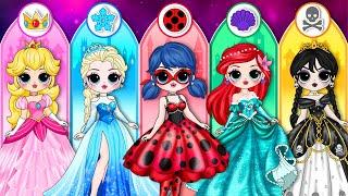 Elsa, Peach, Wednesday & Ladybug Become Princess| DIY Paper Dolls Fashion