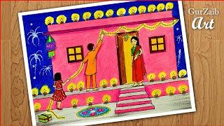 How to happy Diwali celebrations scenery drawing || Indian festival deepawali poster making