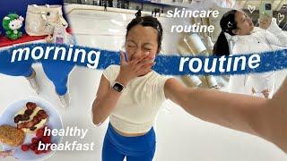 a figure skater's morning routine ️️ | skincare, haircare, breakfast, and figure skating fits