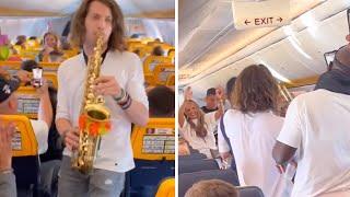 Dude with saxophone sets the tone for flight to Ibiza #shorts