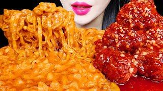 ASMR CHEESY CARBO FIRE NOODLE, SPICY CHICKEN EATING SOUNDS NO TALKING MUKBANG