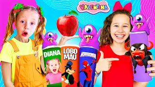 Valentina e Erlania comem frutas e verduras e viram super-heróis - Pretend play as with magic chips