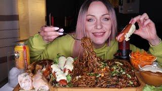 EATING | Лапша чачжанмён, сосиски с сыром, курица гриль | Noodles, sausages, chicken не MUKBANG