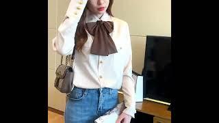 Elegant Bow Tie Women Blouse Spring Smock Poet Long Sleeve Turn Down Neck Blouse Office Ladies Tops