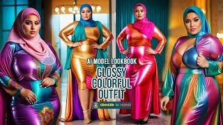 Plus Size Muslim Woman in Glossy Colorful Outfit with Hijab | AI Model Lookbook | Fashion Photoshoot