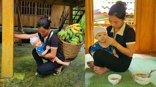 Cook with your baby and harvest ripe bananas to sell at the market - Lý Thị An