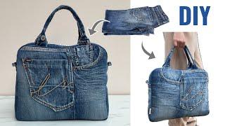 How to recycle old jeans into zipper tote bag ,Sewing diy denim zipper tote bag tutorial