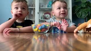 Twins doing the fruit snack challenge