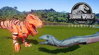 THE DINOSAUR KING TYRANNOSAURUS REX VS TITANOBOA SNAKE - DINOSAUR BATTLE || JURASSIC WORLD EVOLUTION