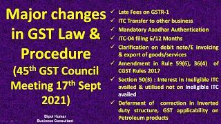 Major changes in GST Law & Procedure (45th GST Council Meeting 17th Sept 2021)