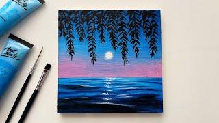 Easy Moonlight Seascape Acrylic Painting Tutorial / Easy Painting Idea