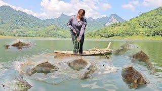 The fishing girl caught a large school of fish, the girl's survival on the lake.