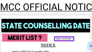 MCC OFFICIAL NOTICE  Neet 2024 State Counselling Date l Merit List Update l Neet 2024 Cutoff