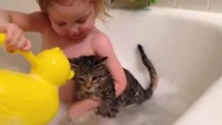 A young girl pulls a cat into a bath tub and bathes it