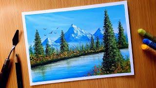 Oil Pastel Nature Landscape Drawing for Beginners / BEAUTIFUL MOUNTAINS / Oil Pastel Scenery Drawing