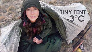 Cold Winter Camping with Tiny Tent • Heavy Frost & Starry Mountain Night