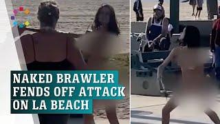 Naked brawler fends off spiked club attack on LA beach