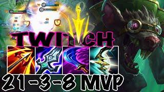 WILD RIFT TWITCH ADC GAMEPLAY | 21-3-8 MVP | TWITCH BUILD RUNES