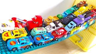 Disney Pixar Cars falling into deep pool, Lightning McQueen, Tow Mater, Mack, Sally, Francesco