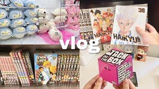 vlog  manga shopping at barnes & noble, anime merch, kpop album haul + unboxing, korean market