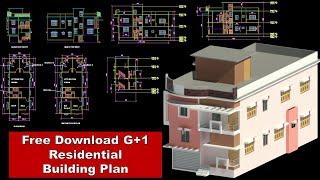 Building Plan section and elevation of G+1 story building Free Download