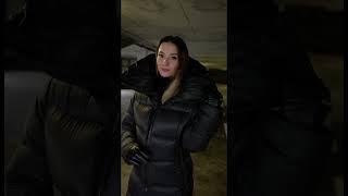 Attractive woman modelling lovely long puffy high collar down coat and D&G  zip collar jacket