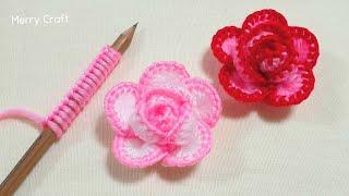 Amazing Rose Flower Making Idea with Pencil - Hand Embroidery Design Trick - DIY Woolen Flowers