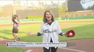 NBC4's Colleen Marshall throws out the first pitch at Columbus Clippers game
