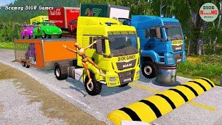 Double Flatbed Trailer Truck vs speed bumps|Busses vs speed bumps|Beamng Drive|389