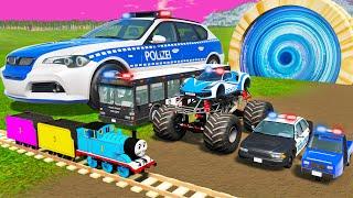 Big & Small Police Cars with Slide Color and Portal Trap - Police Bus vs Thomas Trains - BeamNG