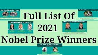 FULL LIST OF THE NOBEL PRIZE WINNERS 2021