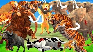 10 Elephants Vs 10 Giant Tiger Lion Fight Cow Cartoon Buffalo Saved by Woolly Mammoth Vs Sabertooth