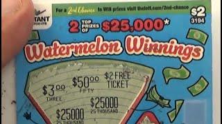 Scratching an Instant Scratch Off Lottery Ticket called "Watermelon Winnings" - Australian Lotteries