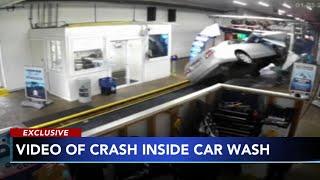 Video captures moment 77-year-old driver crashes, flips inside car wash